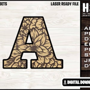 Nombre del alfabeto floral, Alfabeto, Monograma, Multicapa, Letras, SVG Ai DXF DWG, Totalmente personalizable, Listo para corte por láser, Descarga digital solamente