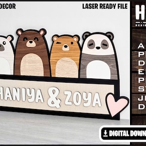 Schattige beer familie frame, familienaam, kinderkamer, beer familie, harten, SVG Ai DXF DWG, volledig aanpasbaar, Lasercut klaar, alleen digitale download