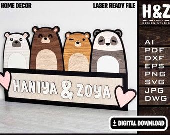 Cute Bear Family Frame, Family Name, Kids Room,Bear Family,Hearts,SVG Ai DXF DWG, Fully Customizable, Lasercut ready, Digital Download only