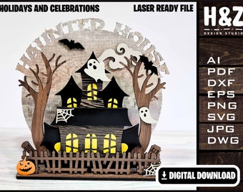 Haunted House, Horror, Halloween, Mansion, Trick or treat, SVG Ai DXF DWG, Fully Customizable, Lasercut ready, Digital Download only