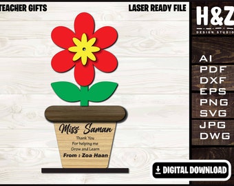 Teacher flower pot Digital File, Teachers Gift, Teachers Appreciation, SVG Ai DXF DWG,  Fully Customizable, Laser Cut  Digital Download only