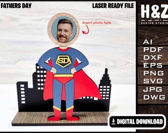 Fathers day frame, Daddy super hero, Superdad, Photoframe, SVG Ai DXF DWG,  Fully Customizable, Laser Cut ready,  Digital Download only