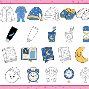 May include: A collection of bedtime-themed illustrations featuring pajamas, nightcaps, slippers, toothbrushes, toothpaste, hourglasses, books, moons, alarm clocks, and a teddy bear, presented in both full-color and black-and-white line art versions.