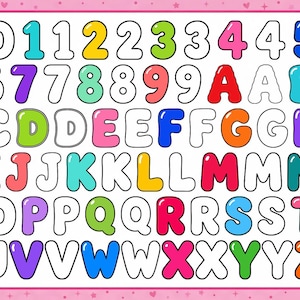 Pode incluir: Uma tabela educativa colorida apresentando uma grade de números de zero a nove seguida pelo alfabeto inglês em letras maiúsculas de A a Z. Cada caractere é renderizado em uma fonte estilo bolha com várias cores sólidas ou contornos brancos.