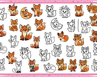 May include: A collection of cartoon foxes in various poses and styles. Some foxes are colored in shades of orange, brown, and white, while others are outlined in black and white. The foxes are depicted with accessories like party hats, flowers, and glasses.