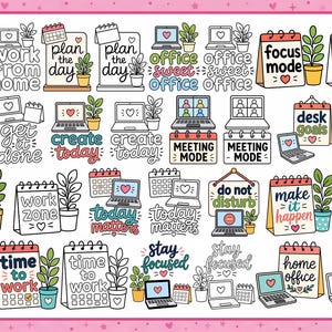 May include: A collection of digital stickers featuring office-themed illustrations including laptops, potted plants, and calendars. The designs include phrases like work from home, office sweet office, focus mode, get it done, create today, and big ideas.