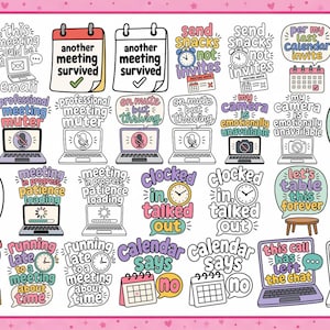 Può includere: Una collezione di adesivi colorati e in bianco e nero con illustrazioni a tema ufficio e testi come this meeting could be an email, another meeting survived, send snacks not invites e circling back in circles.