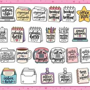 May include: A collection of office-themed digital stickers featuring colorful and black-and-white illustrations of laptops, folders, calendars, mugs, telephones, and notebooks with hand-lettered phrases like admin life, calendar boss, and office magic.
