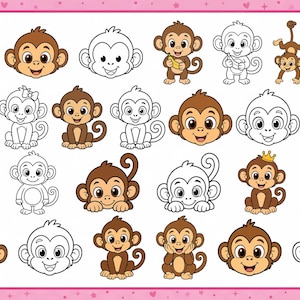 Puede incluir: Una colección de ilustraciones de monos con diversas poses y expresiones, presentadas en versiones a color en marrón y blanco y en contornos en blanco y negro, dispuestas en una cuadrícula sobre un fondo blanco con un borde rosa.