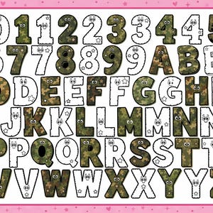 May include: A digital alphabet and number set featuring characters with cartoon eyes and star accents. Each character alternates between a green camouflage pattern and a white outline style, presented in a grid format on a pink background.