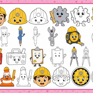 Puede incluir: Una colección de personajes y objetos de construcción en dibujos animados, incluyendo un trabajador, cascos, engranajes, reglas, planos, lápices, llaves inglesas, cintas métricas, cajas de herramientas, portapapeles, compases, conos de tráfico y caras en color y arte lineal.