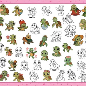 Puede incluir: Una colección de tortugas de dibujos animados en varias poses y atuendos, algunas en color y otras como dibujos lineales. Las tortugas están representadas con sombreros, gafas, flores y otros accesorios, sobre un fondo rosa.