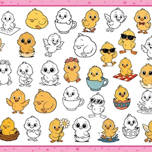 以下が含まれることがあります： さまざまなポーズや環境の漫画のひよこのコレクション。黄色いひよこもいれば、白黒のひよこもいます。ティーカップの中、サングラスをかけている、卵の中のひよこが描かれています。画像にはピンク色の枠線があります。