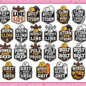 May include: A collection of thirty-two shield-shaped stickers featuring electrical utility worker themes. Each sticker displays text such as Keep The Lights On, Line Life, Built For The Storm, Climb High, Hooked On Power, and Hot Line Hero with yellow and black accents.