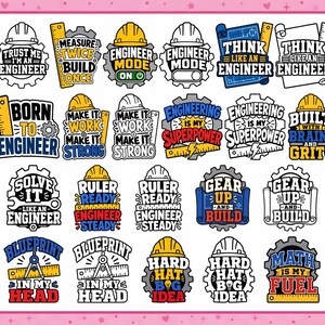 Puede incluir: Una colección de treinta y dos pegatinas con temática de ingeniería que incluyen cascos amarillos, engranajes, reglas y planos. Los diseños incluyen frases como Trust Me I'm An Engineer, Born To Engineer y Math Is My Fuel en varios colores.