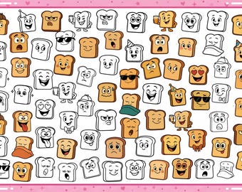 May include: A collection of cartoon toast slices with various expressions, including happy, sad, and surprised. Some slices are toasted, while others are white. The image has a pink border with heart and dot patterns.