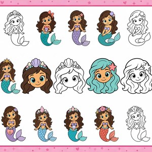 Op de afbeelding: Een verzameling van eenentwintig illustraties met cartoon zeemeerminnen en zeemeerminkoppen, gepresenteerd in zowel kleur als zwart-wit lijntekeningen. De figuren tonen verschillende haarkleuren, staartpatronen en accessoires zoals schelpen.