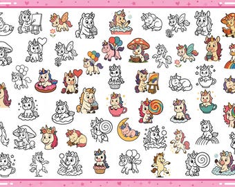 Puede incluir: Una colección de ilustraciones de unicornios en varias poses y actividades. Algunos unicornios están coloreados, mientras que otros son dibujos lineales. Las imágenes incluyen unicornios con globos, cupcakes y arcoíris, sobre un fondo rosa.