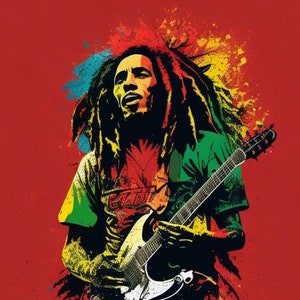 Bob Marley jouant de la guitare, niveau de détail élevé, fond blanc, couleurs vives - Image numérique