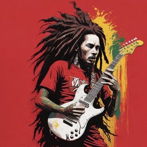Bob Marley jouant de la guitare, détails élevés, fond blanc, couleurs vives - Image numérique