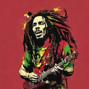 Bob Marley jouant de la guitare, détails élevés, fond blanc, couleurs vives - 4 images numériques