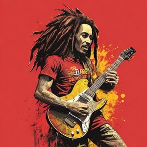 Bob Marley jouant de la guitare, détails élevés, fond blanc, couleurs vives - Image numérique