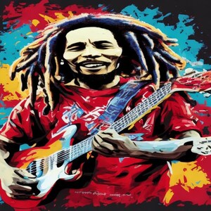 Bob Marley jouant de la guitare, détail élevé, fond blanc, couleur vibrante