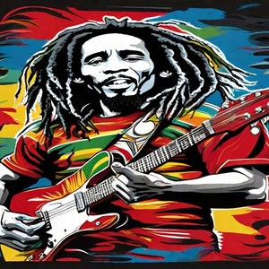 Bob Marley jouant de la guitare, détail élevé, fond blanc, couleur vibrante