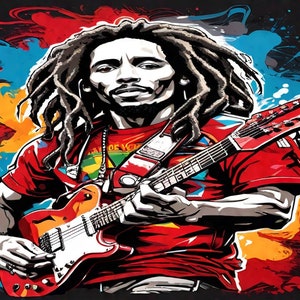 Bob Marley jouant de la guitare, niveau de détail élevé, fond blanc, couleurs vives