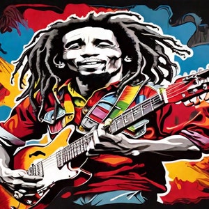 Bob Marley playing a guitar, high detail, white background, vibrant color