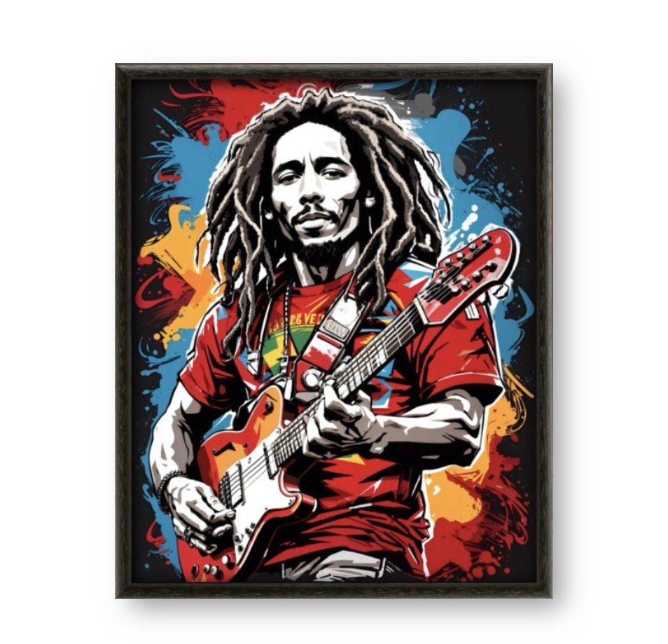 Bob Marley Playing a Guitar, High Detail, White Background, Vibrant