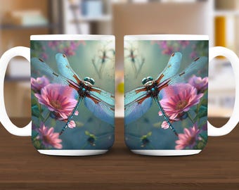 Dragonfly Floral Mug, Nature Inspired Coffee Cup, Beautiful Dragonfly Design, Unique Dragonfly Art, Colorful Nature Mug