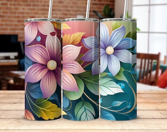 Bunter Blumenbecher, lebendiger Blumendesign-Trinkbecher, Isolierbecher mit bunten Blütenblättern, künstlerischer Naturbecher