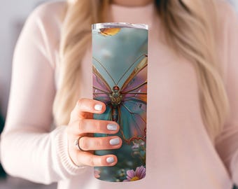 Colorful Butterfly Tumbler, Butterfly Engraved Tumbler, Floral Design Tumbler, Butterfly Drinkware, Gift for Nature Lovers