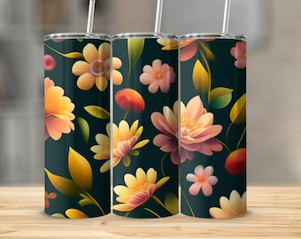 Vaso con diseño floral, taza con estampado de flores, vaso con estampado de flores vibrantes, taza con flores de colores, artículos para beber inspirados en la naturaleza, regalo para ella