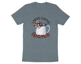 Bonita camiseta con cachorro en taza de café, divertida camiseta para amantes del café, adorable estampado de mascota, bonita camiseta gráfica, camiseta para adictos al café, regalo para amantes de los perros