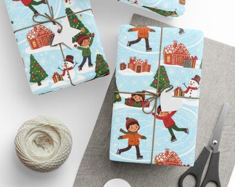 Winter Fun Christmas Wrapping Paper, Ice Skating Holiday Gift Wrap, Festive Kids Pattern, Unique Christmas Paper, Holiday Decor