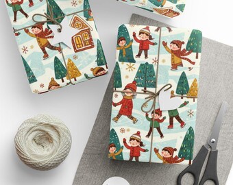 Festive Skating Christmas Wrapping Paper, Holiday Gift Wrap, Winter Wonderland Paper, Children Ice Skating Theme, Seasonal Paper Crafts