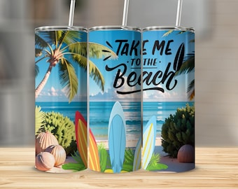 Vaso Take Me To The Beach, taza de viaje con diseño de tabla de surf, artículos para beber Ocean Vibes, taza con escena de playa de verano, regalo para amantes de la playa