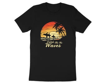 Catch the Waves T-Shirt, Retro Surfer Sunset Tee, Vintage Surfing Graphic Shirt, Beach Vibes Summer Top, Surfboard Art Design