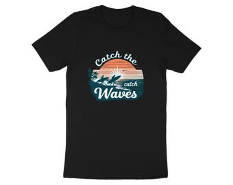 Catch the Waves Surfing T-Shirt, Beach Ocean Sunset Graphic Tee, Surfboard Print, Summer Surf Lover Shirt, Coastal Beachwear