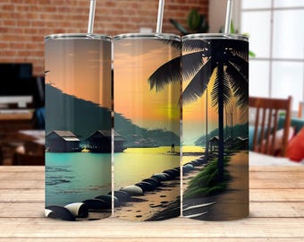Tropical Beach Sunset Scene Tumbler, Coastal Vacation Vibes Tumbler, Island Getaway Drinkware, Seaside Landscape Tumbler