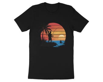 Camiseta vintage de pesca al atardecer, camiseta con gráfico de pescador retro, regalo para amantes de la pesca al aire libre, camiseta para viajes de pesca, ropa de pesca unisex