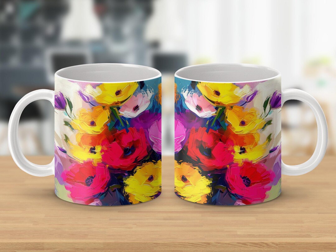 Colorful Floral Art Mug Bright Flower Design Abstract Painting Coffee ...