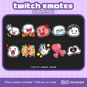 May include: A set of nine Twitch emotes featuring various expressions, including a waving hand, laughing, angry, crying, GG, a high five, and hearts. The emotes are in a cartoon style with white outlines and colorful details. The text "twitch emotes starter pack" is at the top of the image.