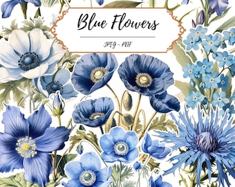 Blue Flowers Digital Ephemera Printable Pages // 60 Vintage Inspired Fussy Cut Images // Naturalist Botanical Illustration // Floral Crafts