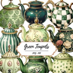 May include: A collection of green teapots with various designs, including floral patterns, stripes, and checkered patterns. The teapots have gold accents and ornate handles. The image includes the text "Green Teapots" and "JPEG - PDF".