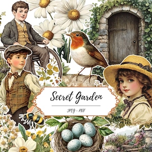 Pages imprimables sur le thème du jardin secret // 60 images originales vintage // Littéraire // Animaux sauvages // Fleurs // Jardinage // Artisanat