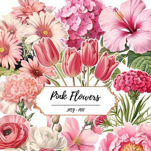 Pink Flowers Fussy Cut Printable Pages // 60 Vintage Inspired Images // Naturalist Botanical Illustration // Digital Download // Art Collage