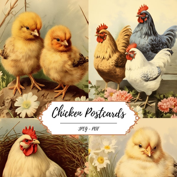 Chicken Postcard Printables // 30 Vintage Inspired Fussy Cut Images // PDF JPEG // Farmyard // Farming // Baby Chicks // Animals // Crafting